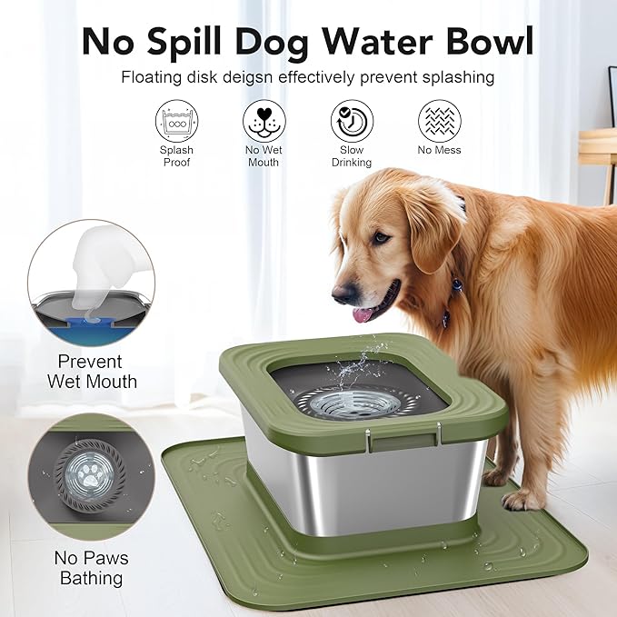 Decflow 10L Stainless Steel Dog Water Bowl, No Spill Anti-Splash Dog Bowls with XXL Silicone Mat, Spill-Proof Slow Feeder for Messy Drinkers, Heavy Duty Pet Bowls for Indoor/Outdoor Use-PawvioPets