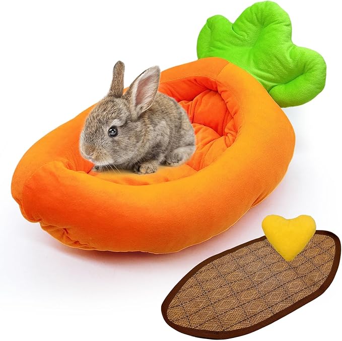 Bunny Bed,Thick&Soft Rabbit Bed with Removable Cushion,Machine Washable with Rattan Mat & Heart Decor,Cozy Warm Small Animal Sleeping Beds (Carrot Shape-M)-PawvioPets