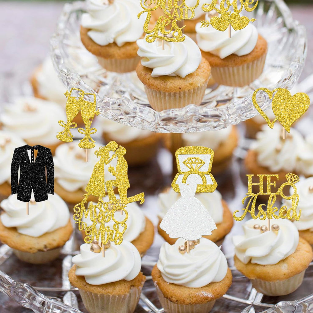30 Pack Bride to be Cupcake Toppers Glitter Diamond Ring I Do Love Cupcake Picks Miss to Mrs He Asked She Said Yes Bridal Shower Wedding Engagement Bachelorette Cake Decoration Gold