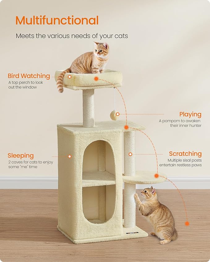 Feandrea Cat Tree Tower with 2 Caves for Multi-Cat Households, Kittens, Scratching Posts, Sand Beige UPCT005Y01-PawvioPets