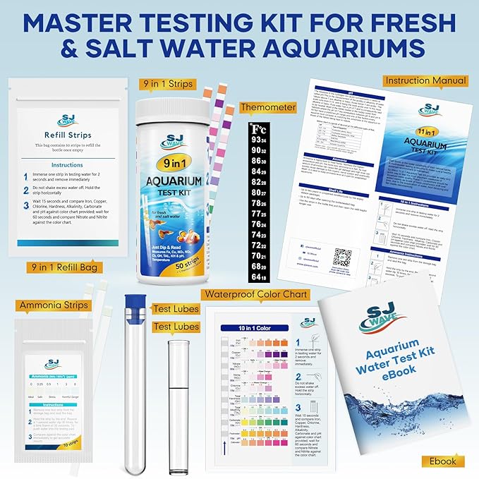 11 in 1 - Aquarium Test Strips | 950 Tests - 150 Strips | Fish Tank Aquariums Water Test Kit & ebook | Aquarium Thermometer | Fish Tank Water Testing Kit Includes 50 Ammonia Strips | Versatile Usage-PawvioPets