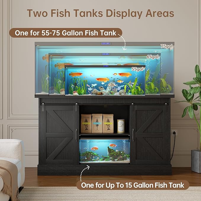 55-75 Gallon Fish Tank Stand with Sliding Barn Doors & Power Outlet, Heavy Duty Aquarium Stand with Cabinet Storage for Fish Tank, Turtle Tank, Reptile Terrarium, 1000LBS Capacity, Black-PawvioPets