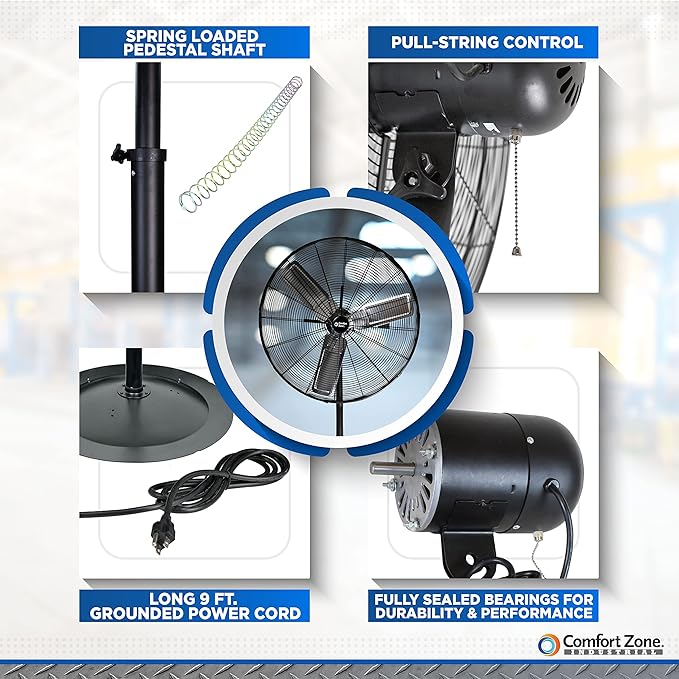 Comfort Zone Industrial Pedestal Fan, 30 inch, 3 Speed, High Velocity, Adjustable Height 56” to 76”, Metal, Meets OSHA Standards, Airflow 36 ft/sec, Ideal for Garage, Workshop or Warehouse, CZHVP30-PawvioPets