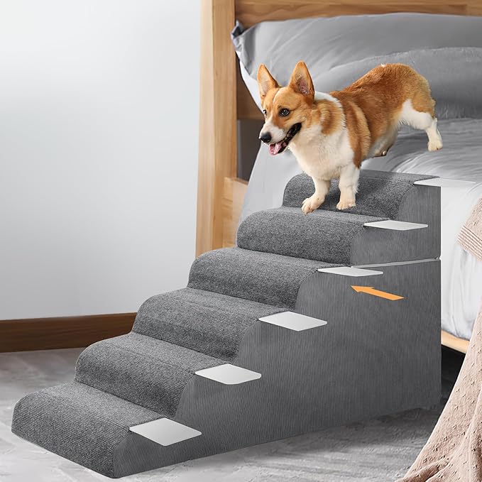 ABORON 𝟲 𝗦𝘁𝗲𝗽𝘀 Dog Steps for High Bed, 26 Inch High Dog Stairs for Small Dogs, Waterproof Pet Stairs for Small Old Large Dogs and Cats with Removable Cover & PE Support Board for Bed/Car/Couch-PawvioPets