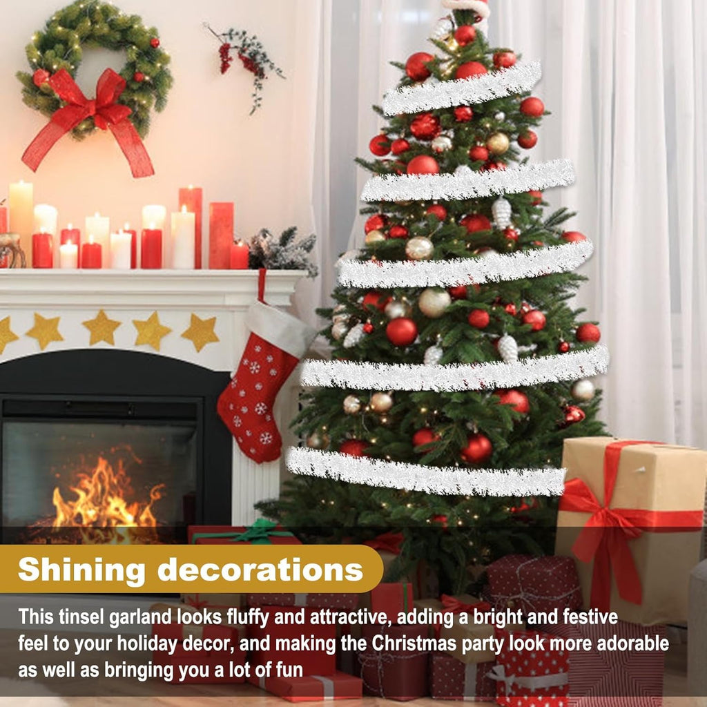 50 Feet Macaron White Christmas Tinsel Garland, Metallic Foil Twist Garland Wall Hanging Tinsel Banner Backdrop for Parade Floats, Easter, Mother's Day, Wedding Party Decorations (2in x 50ft)