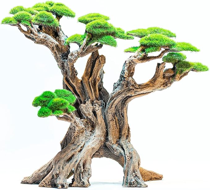 Fish Tank Decor- Bonsai Tree of The Forest with Faux Moss- Aquarium Decoration Aquascaping- Made of Sandstone, 8.8 x 4.3 x 7.8 inches-PawvioPets