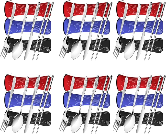 6 Pack Reusable Flatware Sets Knife, Fork, Spoon, Chopsticks, 24Pcs Portable Travel Stainless Steel Tableware Dinnerware with Carrying Case-PawvioPets