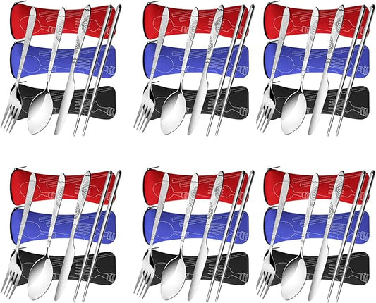 6 Pack Reusable Flatware Sets Knife, Fork, Spoon, Chopsticks, 24Pcs Portable Travel Stainless Steel Tableware Dinnerware with Carrying Case-PawvioPets