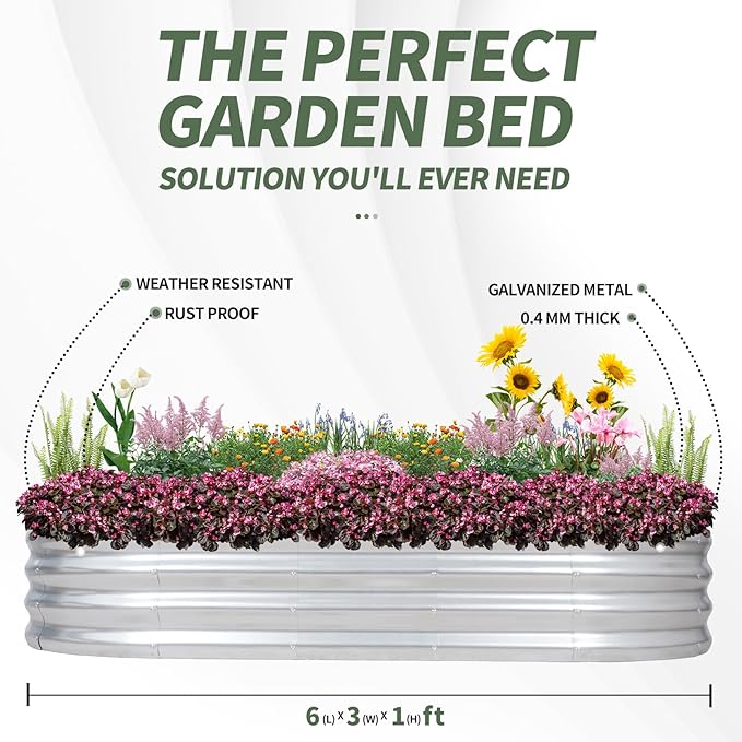 1MORE Galvanized Raised Garden Bed- Planter Garden Boxes Outdoor, Raised Beds for Gardening, 6x3x1ft Metal Garden Bed Kit for Vegetables Flower, Planter Raised Bed with Protective Tape & Tools.Silver-PawvioPets
