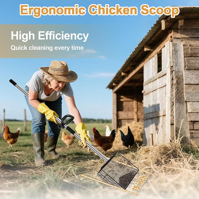 15" Chicken Poop Scooper & Rake, Metal Chicken Coop Scoop for Poop with 24 to 68" Adjustable Stainless Steel Handle, Litter Scooper Sifting Shovel Chicken Coop Accessories-PawvioPets