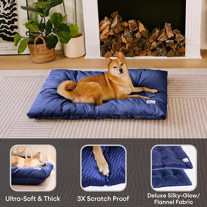 FUNNY FUZZY 2 in 1 Dog Bed Crate Pad Mat, Washable Reversible Pet Floor Mats,Fluffy Kennel Pad for Small Large Sized Dog,Indoor Cats,Sleeping Mattress, 23.6" × 17.9", Midnight Blue-PawvioPets