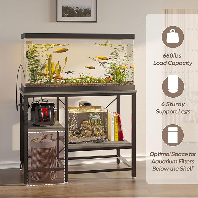 40-50 Gallon Fish Tank Stand with Charging Station, 36x19 Metal Aquarium Stand with 3-Tiers Adjustable Storage Shelves, 6-Legs Reptile Terrarium Stand, 660 LBs-PawvioPets
