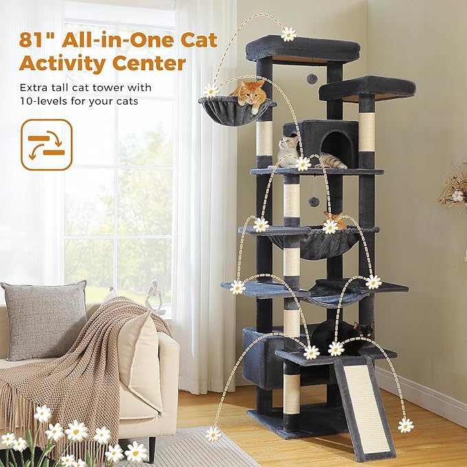 81 Inch Tall Cat Tree for Big Cats & Multi-Cat Homes, Large Heavy Duty Cat Tower with Metal Frame Hammock, 6 Scratching Posts, 2 Condos, 2 Perches, Scratching Pad - Dark Grey-PawvioPets