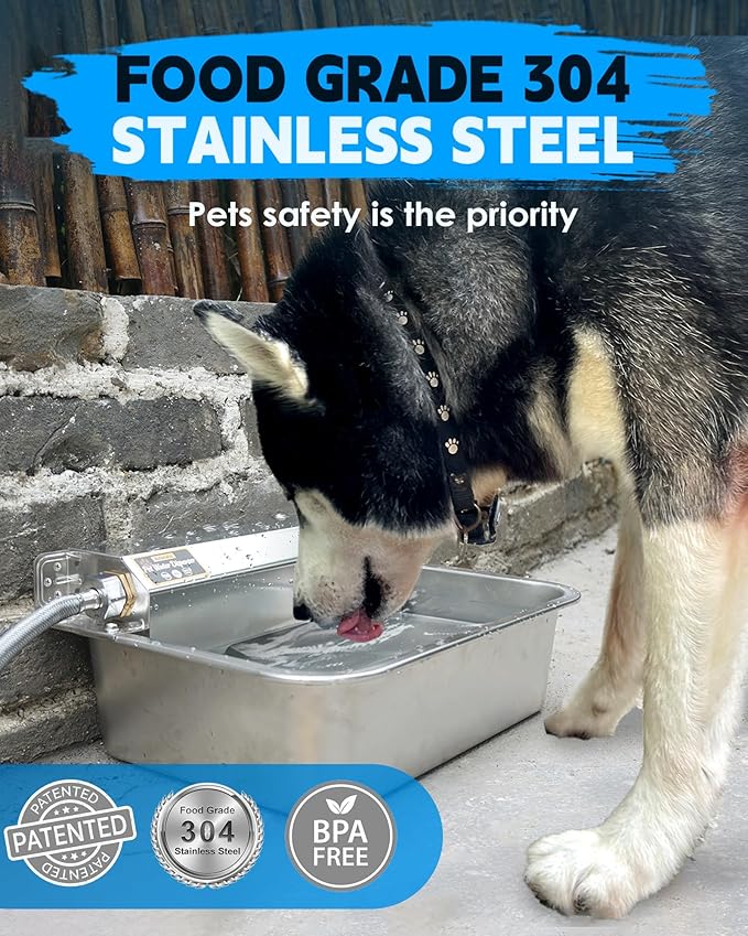 Automatic Dog Water Dispenser, 2 Gallons 304 Stainless Steel Dog Water Bowl for Indoor/Outdoor, Large Water Bowl for Pets & Livestock, Anti Tip, Wide Mouth, Water Auto Fill, Fit GHT 3/4" Faucet-PawvioPets