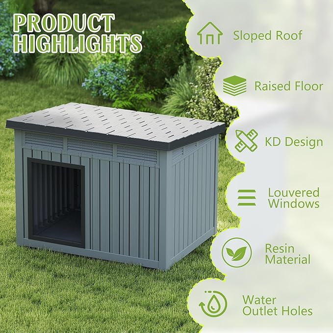 Dog House Indoor Outdoor,Resin Waterproof Puppy Shelter with Air Vents and Elevated Floor,Air Rod on Top to Open,Dog Kennel for Small to Large Dogs(Grey,42.87 * 32.95 * 31.61)-PawvioPets