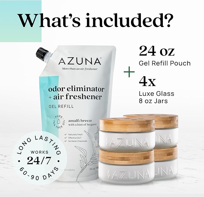 Azuna Air Freshener & Odor Eliminator Gel 4 Room Kit, Includes (4) 8 oz. Empty Luxe Glass Jars & 24 oz. Refill with Tea Tree Essential Oil, Amalfi Breeze, Works 24/7 for 60-90 Days-PawvioPets