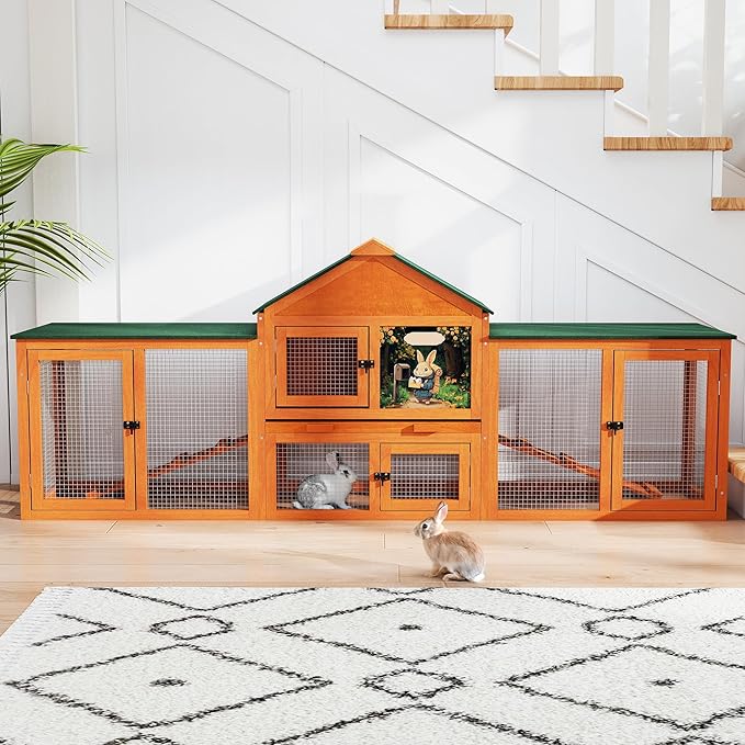 COZIWOW 82” Extra Large Fashion Wooden Outdoor Rabbit Hutch Bunny Cage Indoor Easy to Assemble and Durable with Cleaning Tray & Waterproof Roof for Small & Medium Bunny Rabbit Duck Chick (Orange)-PawvioPets