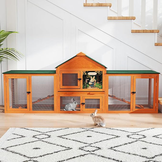 COZIWOW 82” Extra Large Fashion Wooden Outdoor Rabbit Hutch Bunny Cage Indoor Easy to Assemble and Durable with Cleaning Tray & Waterproof Roof for Small & Medium Bunny Rabbit Duck Chick (Orange)-PawvioPets