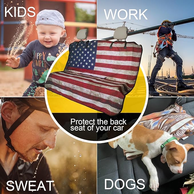Back Seat Cover for Car Trucks Van SUV,Waterproof Rear Bench Towel Seat Covers for Dogs and Kids,Automotive Backseat Protector (American Flag)-PawvioPets