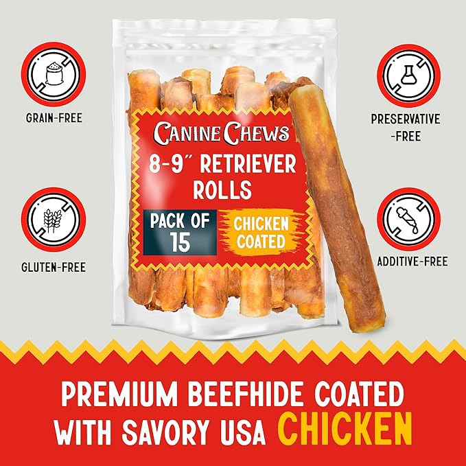 Canine Chews 8-9" Chicken Coated Dog Rawhide Retriever Rolls (15 Pack) - Chicken Rawhide Bones for Large Dogs - 100% USA-Sourced Chicken Coated Dog Rawhide Chews - Healthy Dog Dental Chew Rawhides-PawvioPets