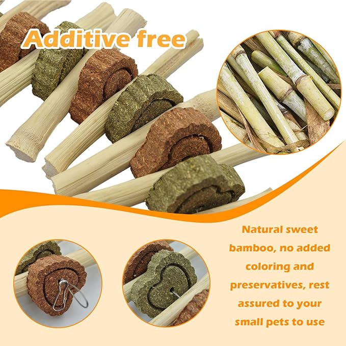 4 PCS Rabbit Chew Toys for Teeth Grinding, Delicious Bunny Cage Hanging Chew Toys, Natural Sweet Bamboo Chew Sticks and Timothy Grass Cake Hay Treats Maintaining Healthy Teeth for Rabbits-PawvioPets