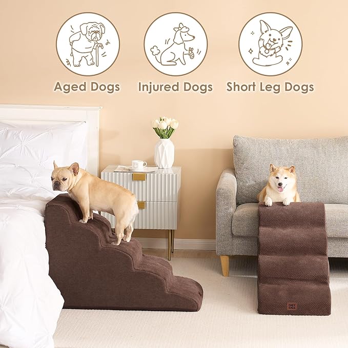 EHEYCIGA Curved Dog Stairs Ramp for High Beds 22.6" H, 5-Step Dog Steps for Small Dogs and Cats, Pet Stairs for High Bed Climbing, Non-Slip Balanced Pet Step Indoor, Brown-PawvioPets
