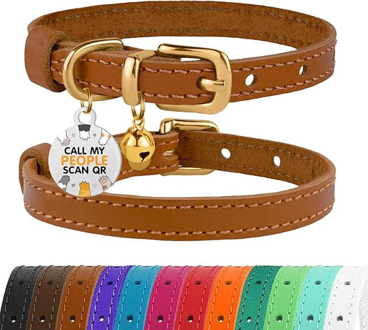 BRONZEDOG Leather Cat Collar with Removable Bells Non Breakaway Kitten QR Tag for Girl Boy (7" - 9" for Cats, Light Brown & Gold)-PawvioPets