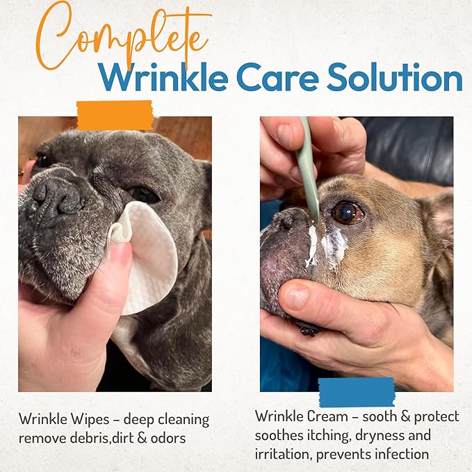 Bulldog Wrinkle Wipes & Cream Bundle - Deep Cleaning Wrinkle Wipes + Soothing Dog Wrinkle Cream - Hypoallergenic for Bulldogs, Pugs, Frenchies (100 Wipes + 85g Cream)-PawvioPets