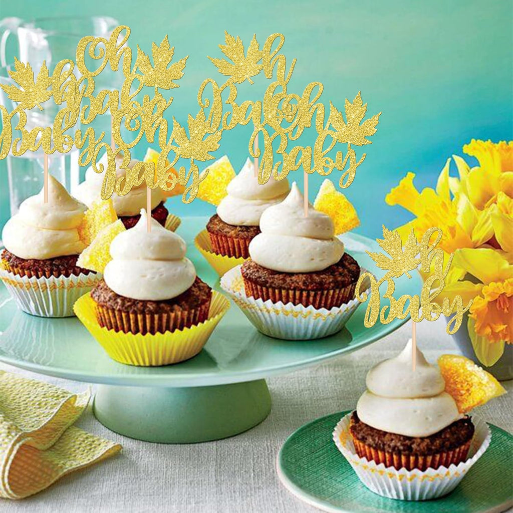 24 PCS Maple Leaf Oh Baby Cupcake Toppers Glitter Fall Baby Shower Cupcake Picks for Thanksgiving Theme Baby Shower Kids Boys Girls Birthday Party Cake Decorations Supplies Gold