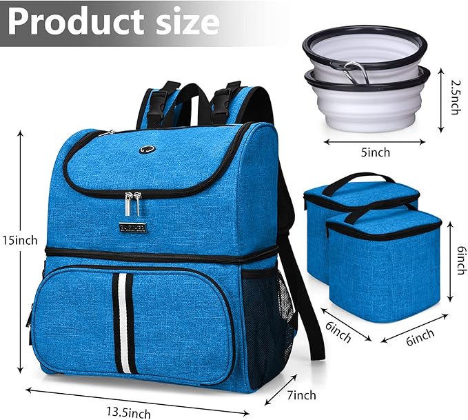 BAGLHER Pet Travel Bag, Double-Layer Pet Supplies Backpack (for All Pet Travel Supplies), Pet Travel Backpack with 2 Silicone Collapsible Bowls and 2 Food Baskets Blue-PawvioPets