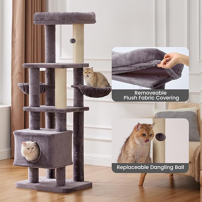 Gardner Pet 65in Heavy Duty Cat Tree Tower for Large Cats, Multi-Level Cat Furniture with Replaceable Sisal Scratching Post, Hammock | Extra-Large Platform & Condo (Upgraded Grey)-PawvioPets