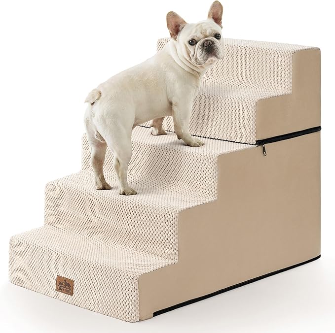 Dog Stairs for Small Dogs, 5 Tier Removable Wider Pet Stairs for Couch and Bed, 23.6" H Non-Slip Dog Steps for Puppies and Old Cats with Support Board, 29.5x19.7x23.6 inch, Beige-PawvioPets