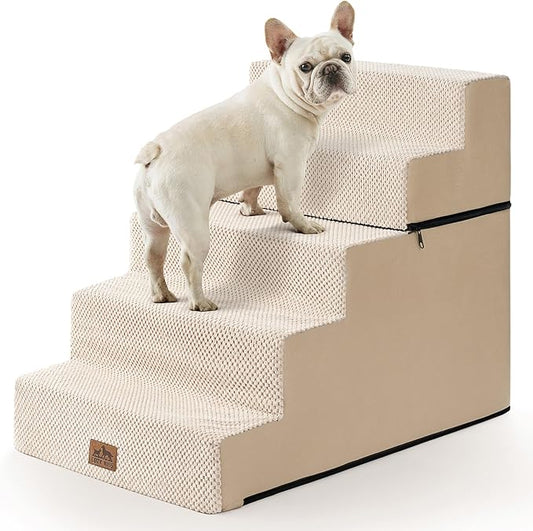 Dog Stairs for Small Dogs, 5 Tier Removable Wider Pet Stairs for Couch and Bed, 23.6" H Non-Slip Dog Steps for Puppies and Old Cats with Support Board, 29.5x19.7x23.6 inch, Beige-PawvioPets