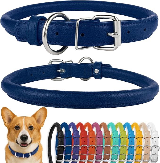 CollarDirect Rolled Leather Dog Collar, Soft Padded Round Puppy Collar, Handmade Genuine Leather Collar Dog Small Large Cat Collars 13 Colors (11-14 Inch, Deep Blue Textured)-PawvioPets