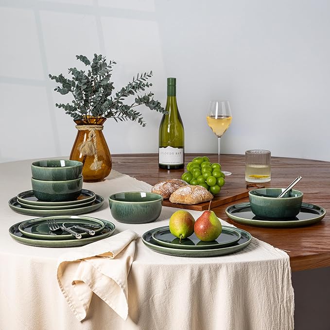 GBHOME Ceramic Dinnerware Sets for 6, 18 Pieces Stoneware Plates and Bowls Sets, Reactive Glaze Dishes -Scratch Resistant, Dishwasher&Microwave Safe, Earth Green-PawvioPets