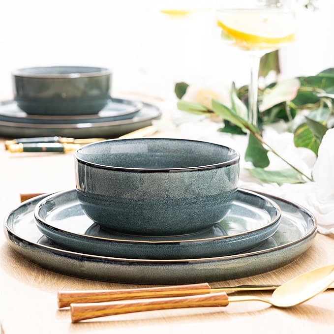 GBHOME Ceramic Dinnerware Sets for 6, 18 Pieces Stoneware Plates and Bowls Sets, Scratch Resistant Dishes, Dishwasher & Microwave Safe, Space Blue-PawvioPets