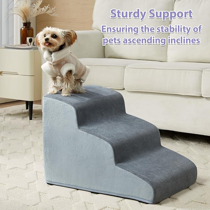 Dog Steps for Bed, 4-Steps Dog Ramp for Bed, Pet Stairs with Highly Supportive Foam and Non-Slip Bottom, Dog Stairs for Large Dogs and Medium Dogs (High 19.7 Inch), Grey-PawvioPets