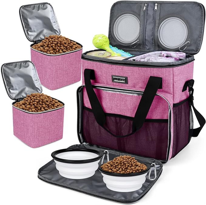 BAGLHER Dog Travel Bag, Pet Travel Bag (ALL Pet Travel Supplies), With 2 Pet Food Containers and 2 Collapsible Silicone Bowls; Essential Kits for Pet Travel Pink-PawvioPets