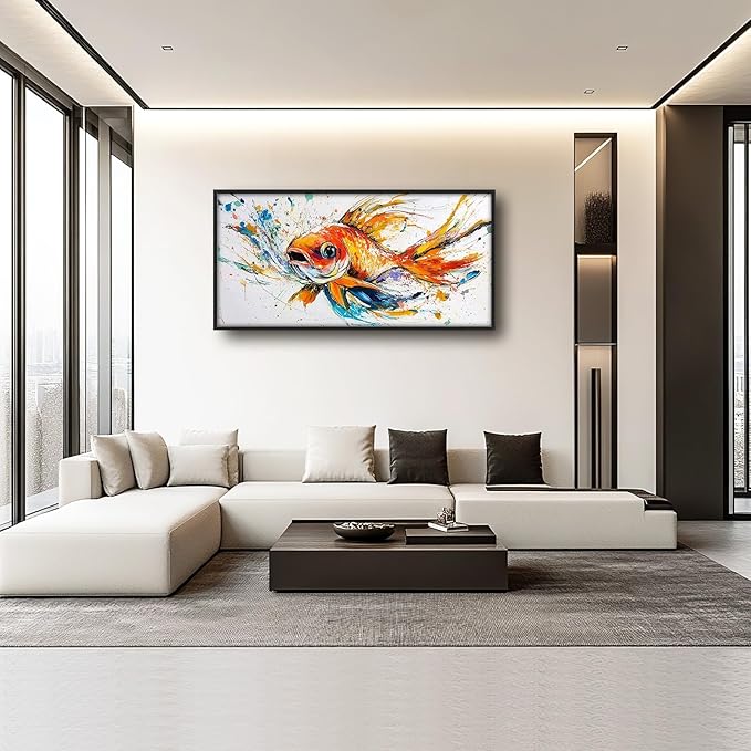 Framed Large Fish Wall Art for Living Room, Oversized Graffiti Goldfish Wall Decor Watercolor Fishing Canvas Painting Modern Artwork Home Decoration for Living Room Bedroom Office 60"x30"-PawvioPets