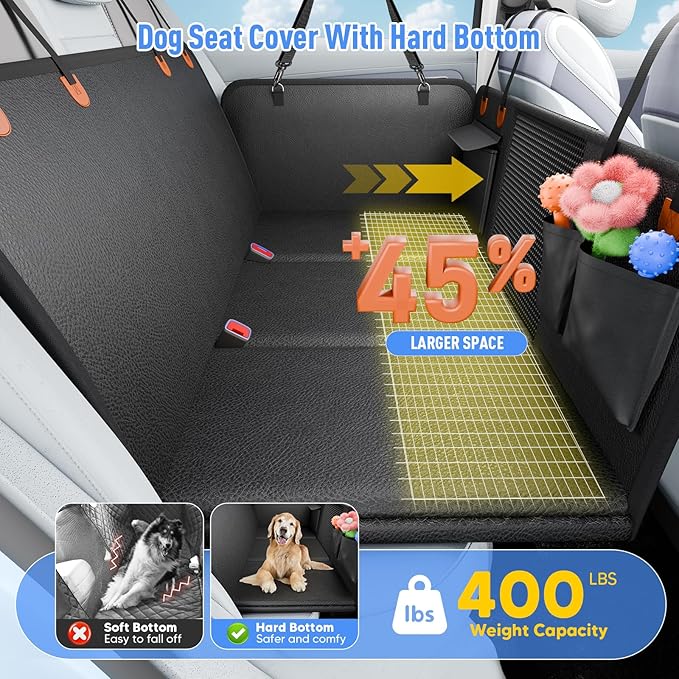 Back Seat Extender for Dogs, Dog Car Seat Cover for Back Seat with Hard Bottom,Waterproof Hammock for Car Pet Backseat Protector,Upgraded PU Leather Material for Car & SUV(Holds 400lbs)-PawvioPets