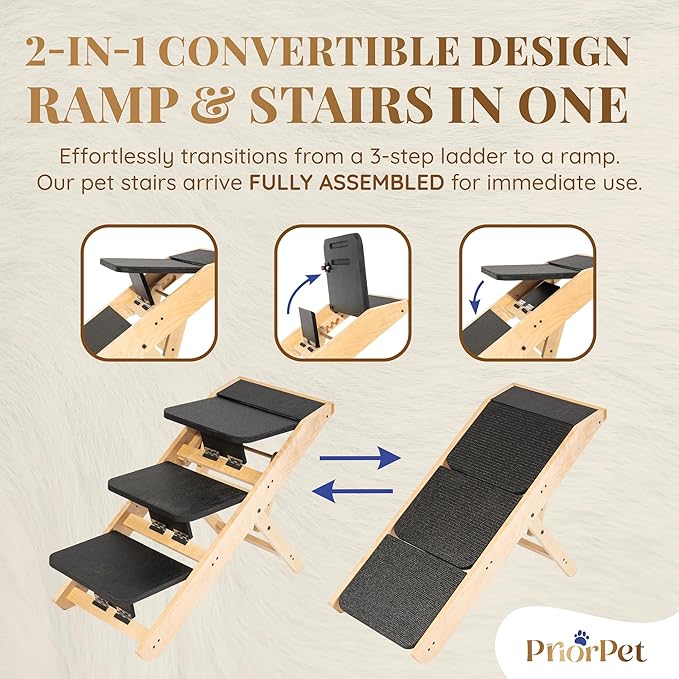 Dog Steps for Bed & Couch 2-in-1 Dog Stairs/Ramp - Height Adjustable Dog Ramp for Couch 7” - 20” - Pet Stairs, Dog Stairs for Small Dogs - Easy to Move Pet Steps with Landing Platform, Natural-PawvioPets