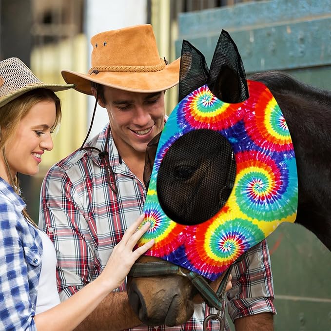 Frienda 4 Pieces Horse Fly Masks with Ears Face Covering UV Protection from Insect Pests Elasticity Smooth Comfortable Mesh Horse Mask Accessories(Tie-dye,Medium)-PawvioPets