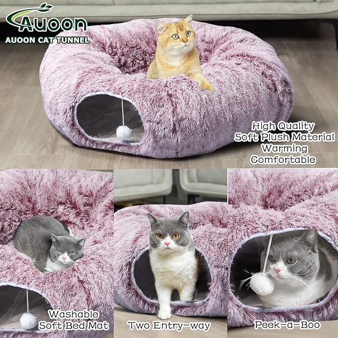 AUOON Cat Tunnel Bed for Indoor Cats - Circle Peekaboo Cat Cave with Washable Mat for Indoor Cats Kitten Kitty Puppy Rabbit Ferret (Rosiness)-PawvioPets