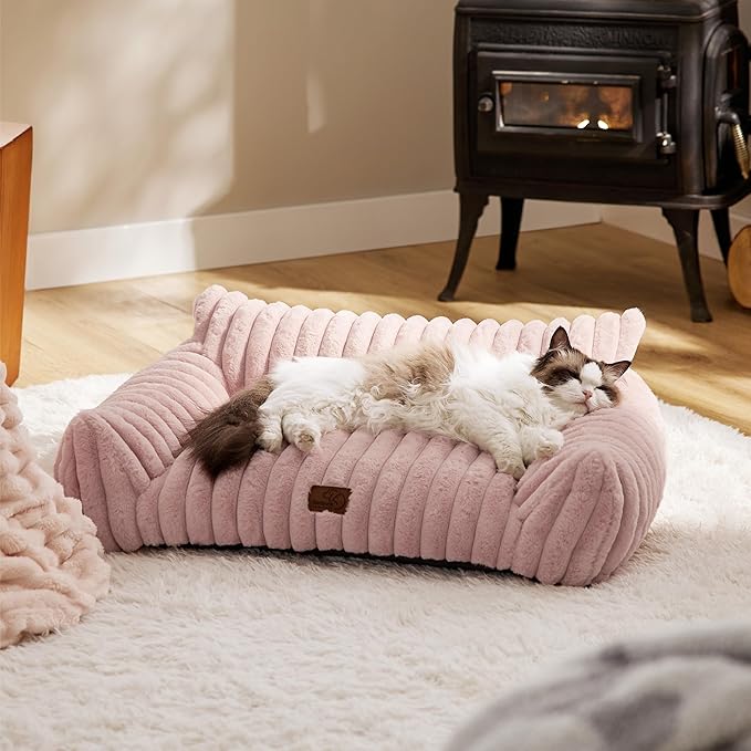 Bedsure Cute Cat Couch for Pets - Fluffy Small Dog Sofa with Premium Soft Corduroy Fleece, Pet Sofa with Removable Washable Cover, Supportive Dog Couch Bed for Small Medium Dogs, 30inch, Blush Pink-PawvioPets