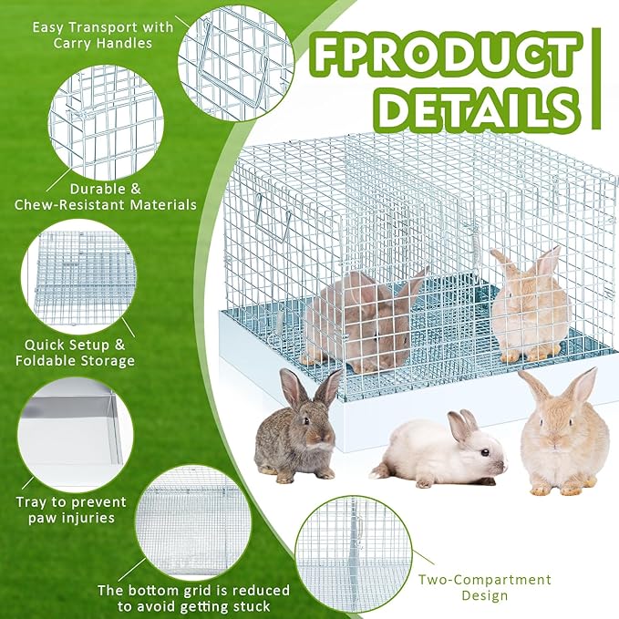 Folding Rabbit Cage, 18 x 18 x 14 in Portable Bunny Carrier with Tray and Handles for Transport, Trave or Temporary Housing, Indoor Outdoor Pet Habitat Animal Enclosure-PawvioPets