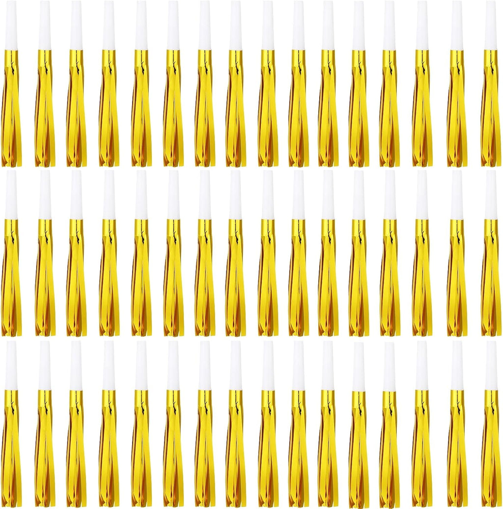 48 Pcs Gold Noise Makers Glitter Metallic Fringed Noise Makers Horns for Baby Shower, Kids Birthday, New Year Party Favor - Gold