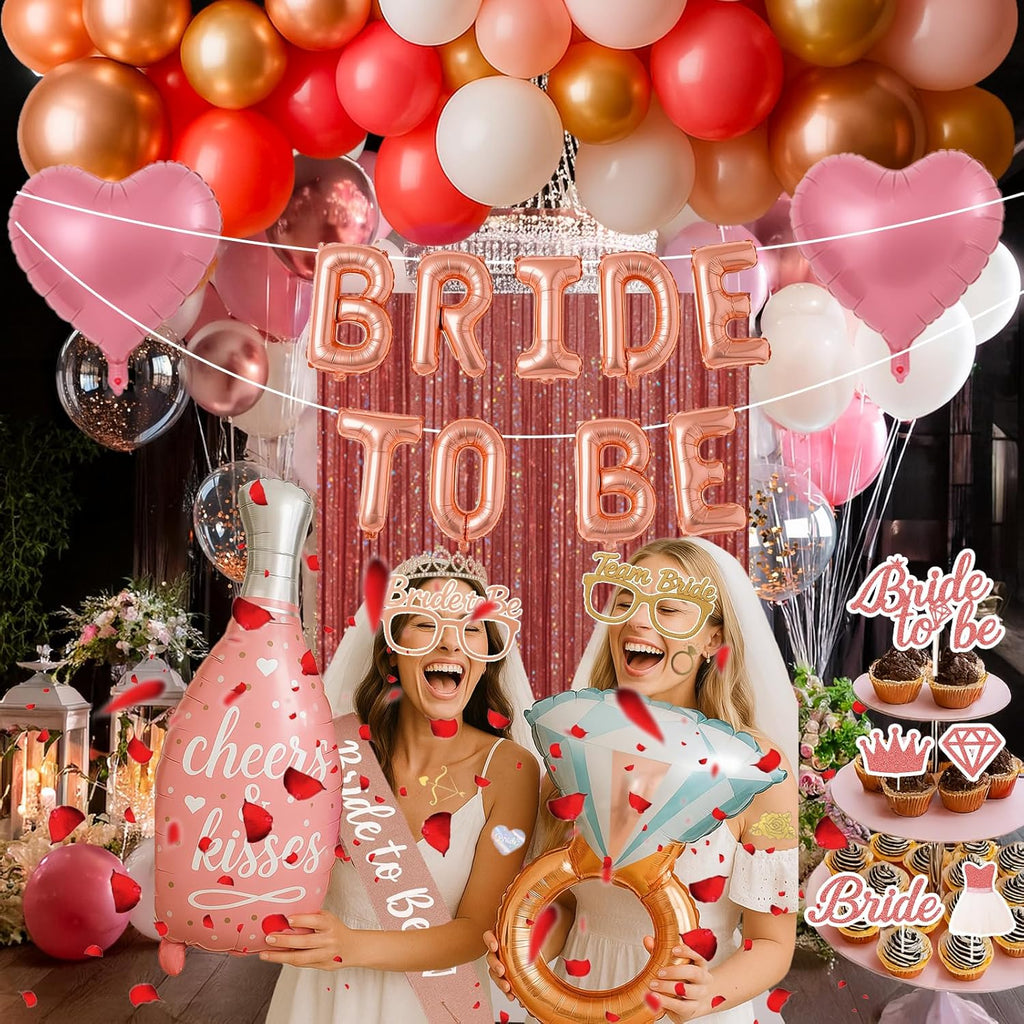168PCS Bridal Shower Decorations Kit – Rose Gold Bachelorette Party Supplies with Bride To Be Foil Balloon, Shoulder Sash, Veil, Crown, Balloons, Props, Fringe Curtains, Tattoos, Cake Toppers