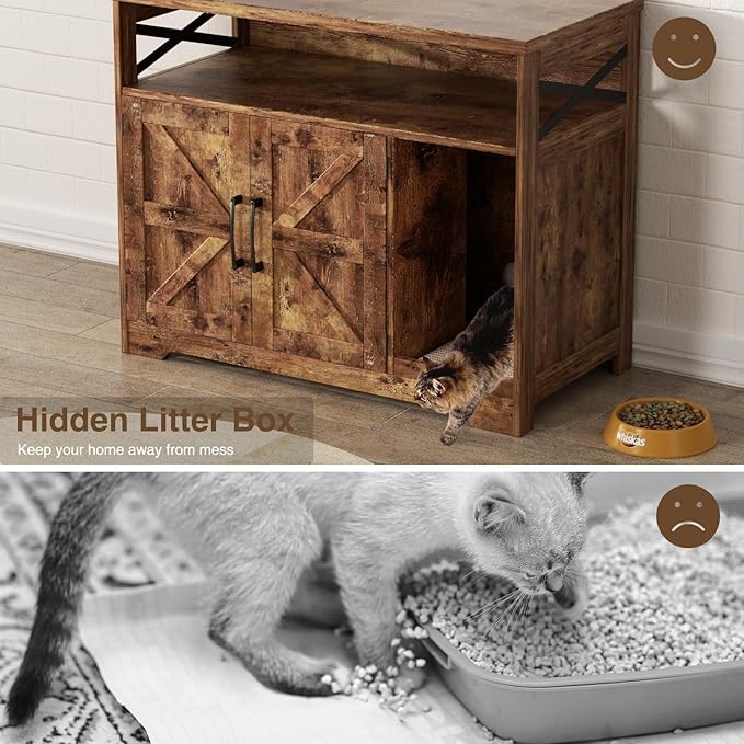 Cat Litter Box Enclosure, Hidden Litter Box Furniture with Scratch Pad, Farmhouse Indoor Cat House Washroom End Table, Rustic Brown-PawvioPets
