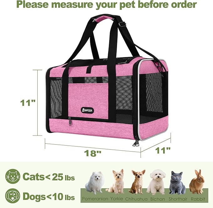 Cat Carrier 18x11x11 Delta Airline Approved, Easy Load Soft Pet Plane Travel Bag 15 pounds, Teacup Dog Crate 12 lbs, Yorkie Kennel Carrying Case, Kitten Toy Poodle Mesh Cage up to 20lbs Pink-PawvioPets