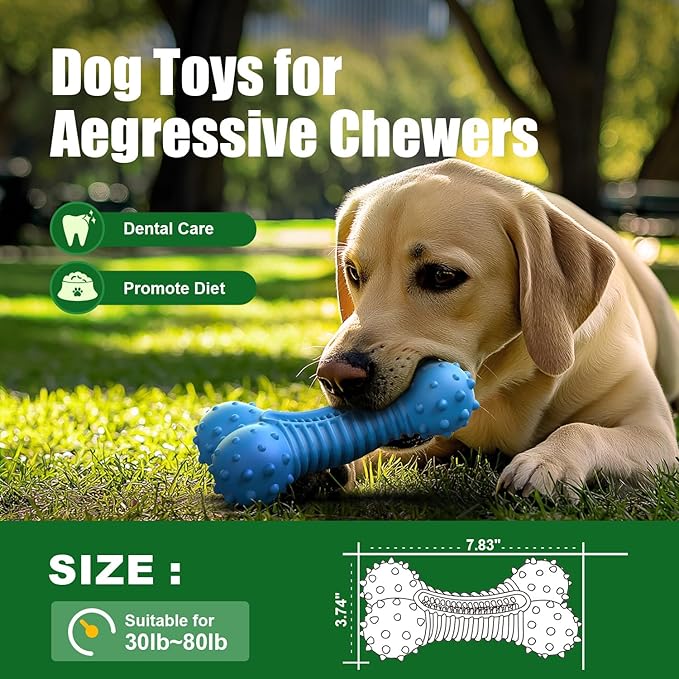 Dog Toys for Aggressive Chewers, Chew Toys for Medium Large Dogs, Durable Natural Rubber Toys with Bacon Flavor, Indestructible Dog Toy,Blue-PawvioPets